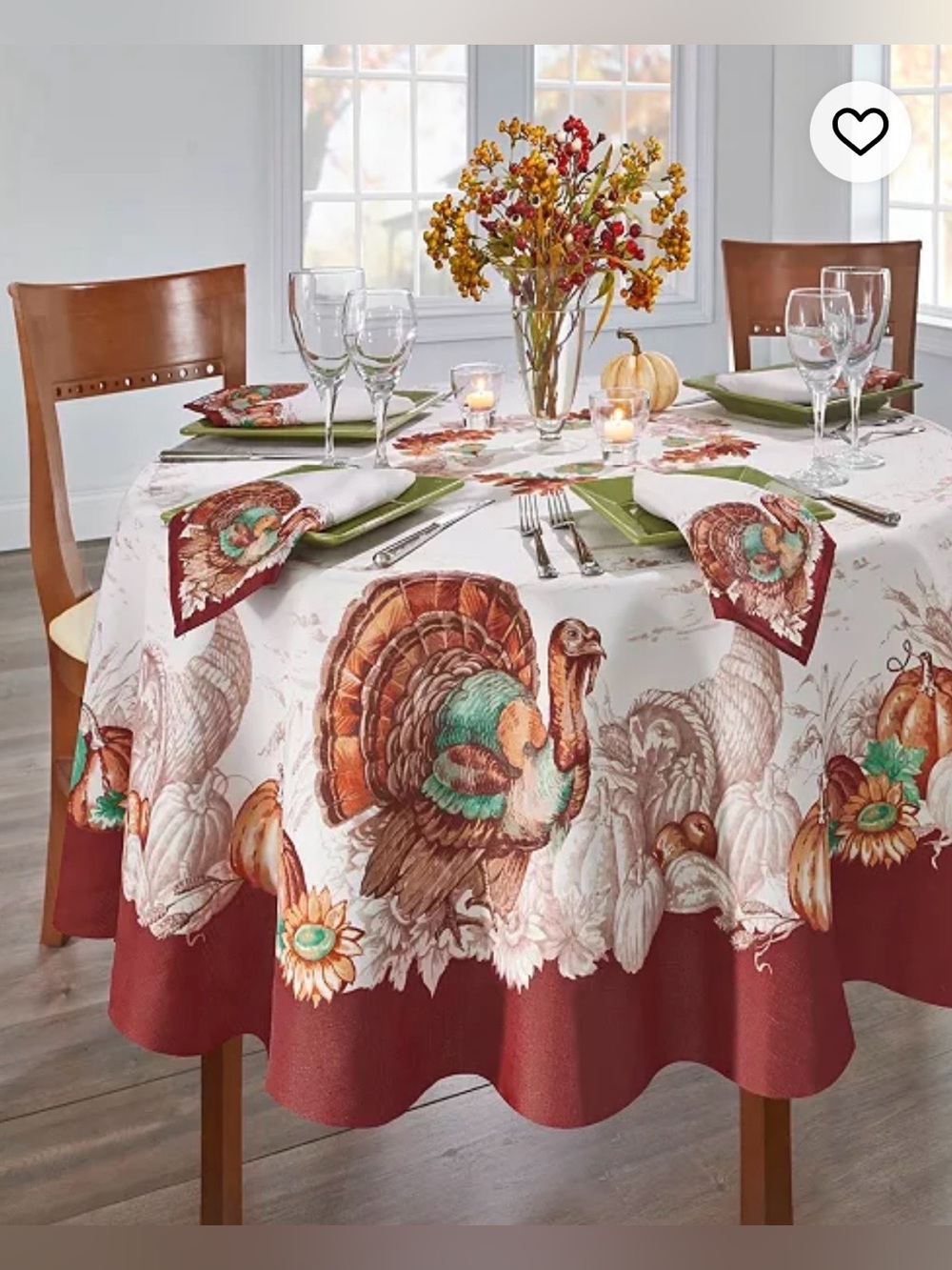 Holiday Turkey Bordered Fall Tablecloth, 70" Round